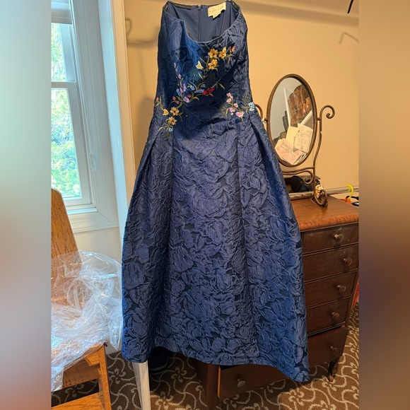 Sachin + Babi Navy Strapless Gown with Colorful Embroidery - Picture 8 of 12